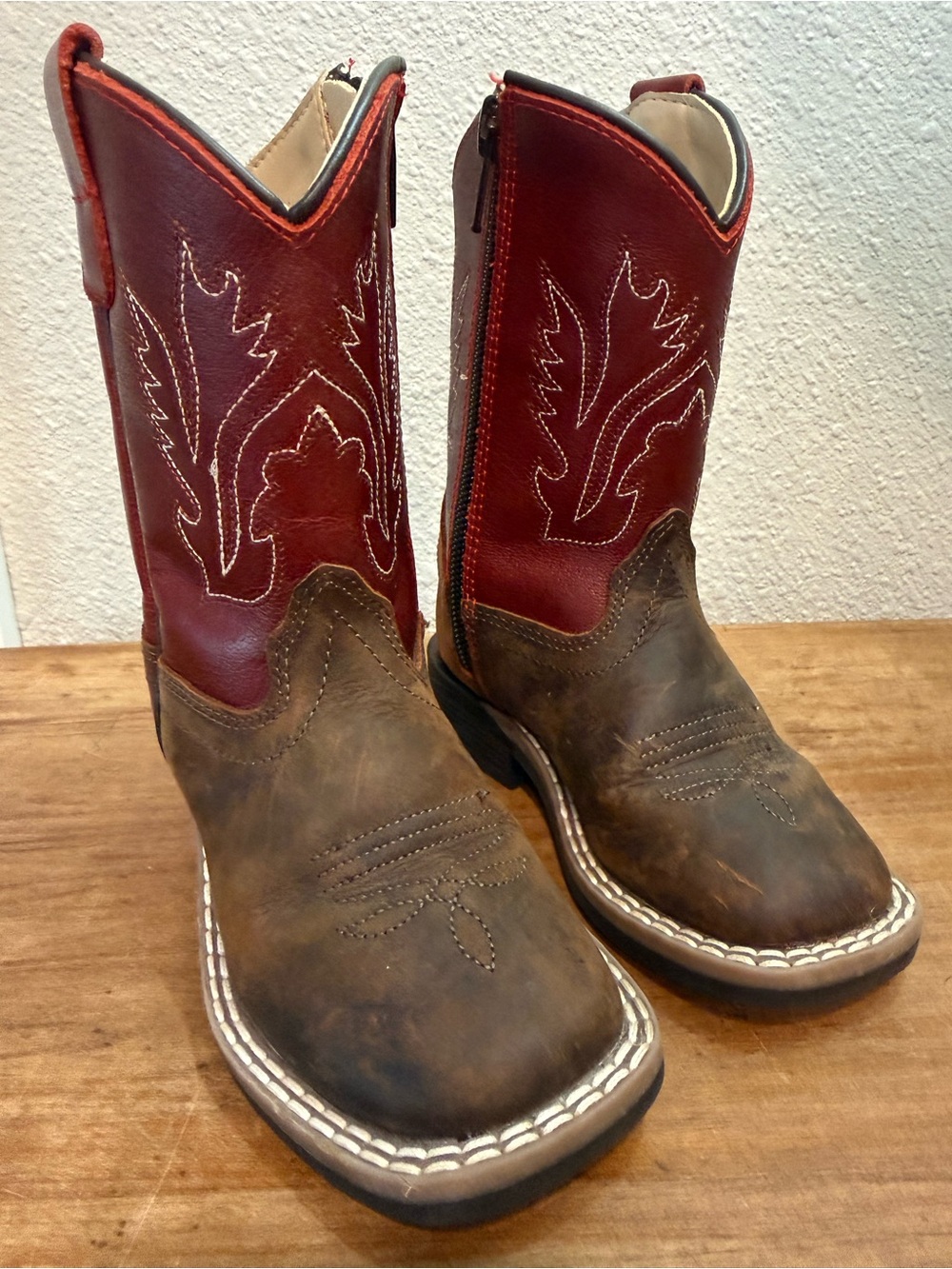 Old West Kids Cowboy Boots 5.5 D Brown Red Leather Western Side Zip